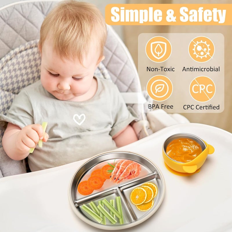 mislili Stainless Steel Baby Plate and Bowls with Suction, Divided Kids Baby Plate and Toddler Bowl with Removable Silicone Suction, Non-Slip Baby Feeding Set Dishwasher Safe，4 Packs - Image 5